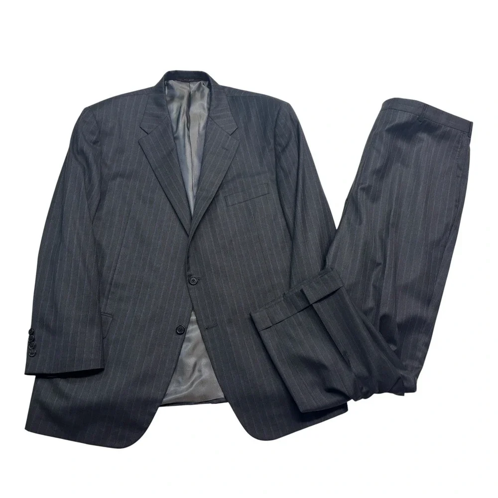 Hickey Freeman 48R 42x30 Astor Traveler Gray Blue Stripe 2pc Pant Suit USA Wool